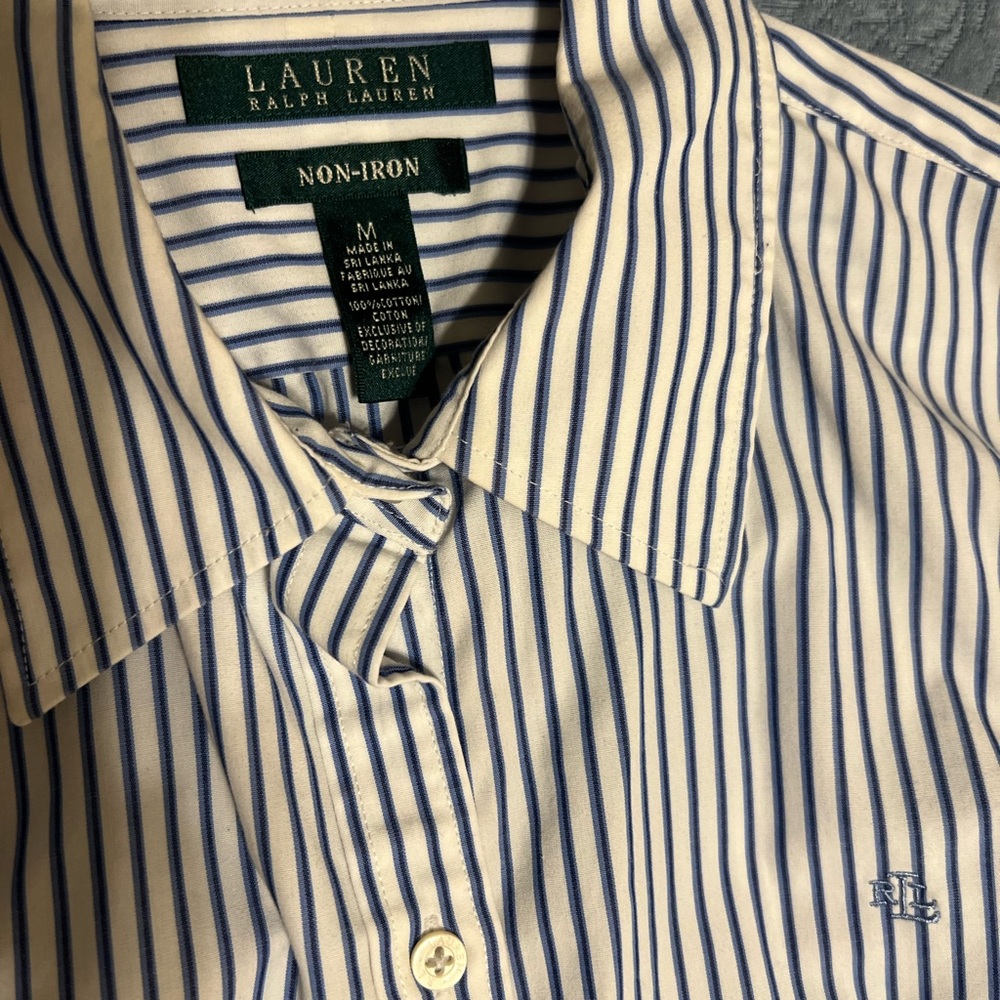 Lauren Ralph Lauren Men's White and Blue Striped Dress Shirt